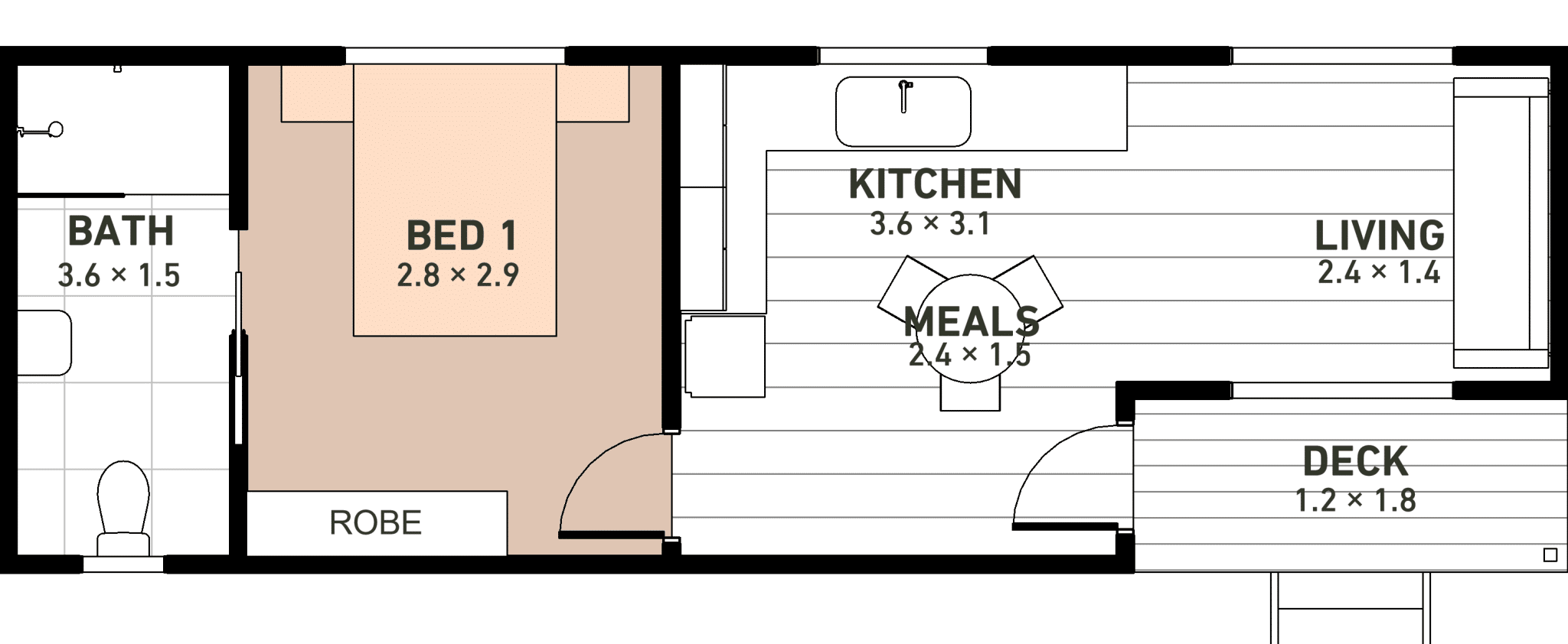 The Kurrajong 11 modular home, a one-bedroom, one-bathroom unit measuring 10.8m x 3.6m, offering a compact yet comfortable living space.
