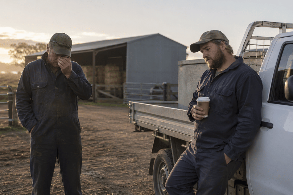 Tired farm workers standing beside a ute at dawn, showing the fatigue caused by long travel to rural worker housing.
