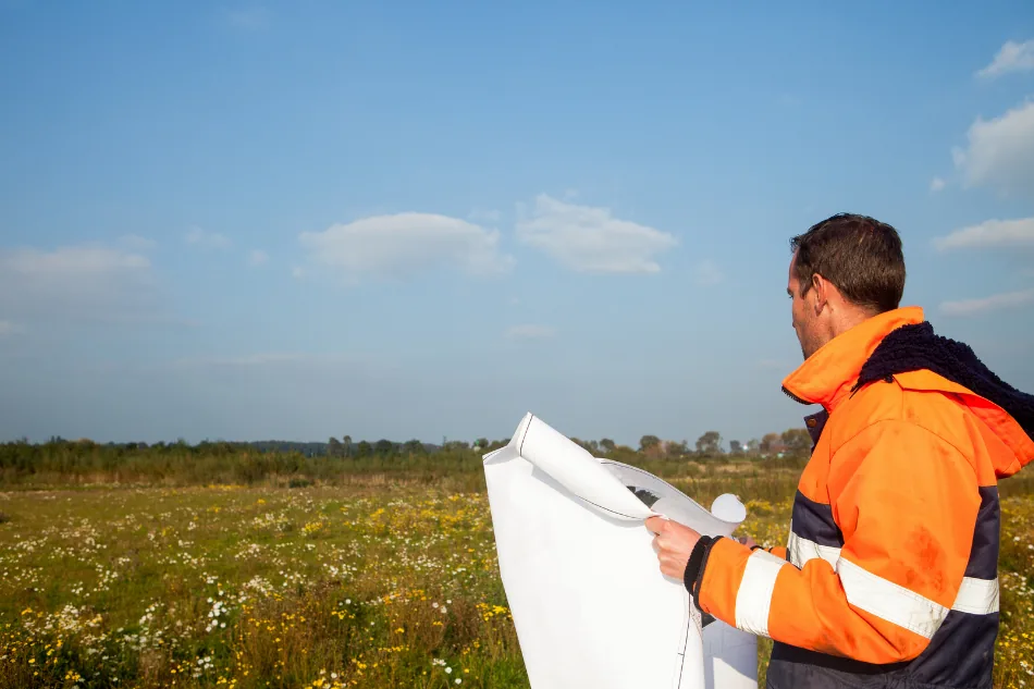 Site supervisor in high-visibility clothing reviewing worker housing design plans on a rural site