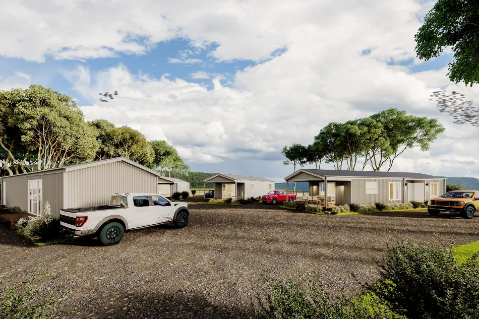 Scalable worker housing site plan showing Stage One modular accommodation and future expansion zones.